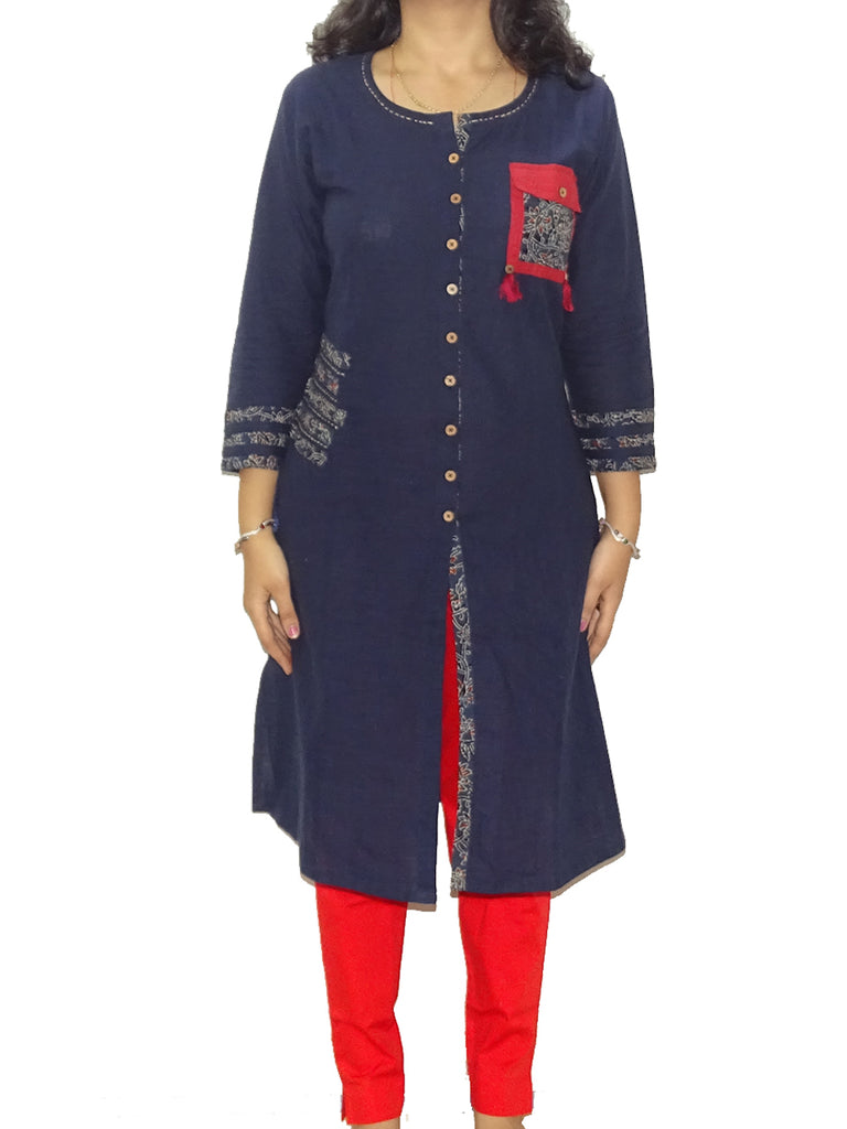 FG's Women's Kutchi Cotton Straight Kurti, Blue