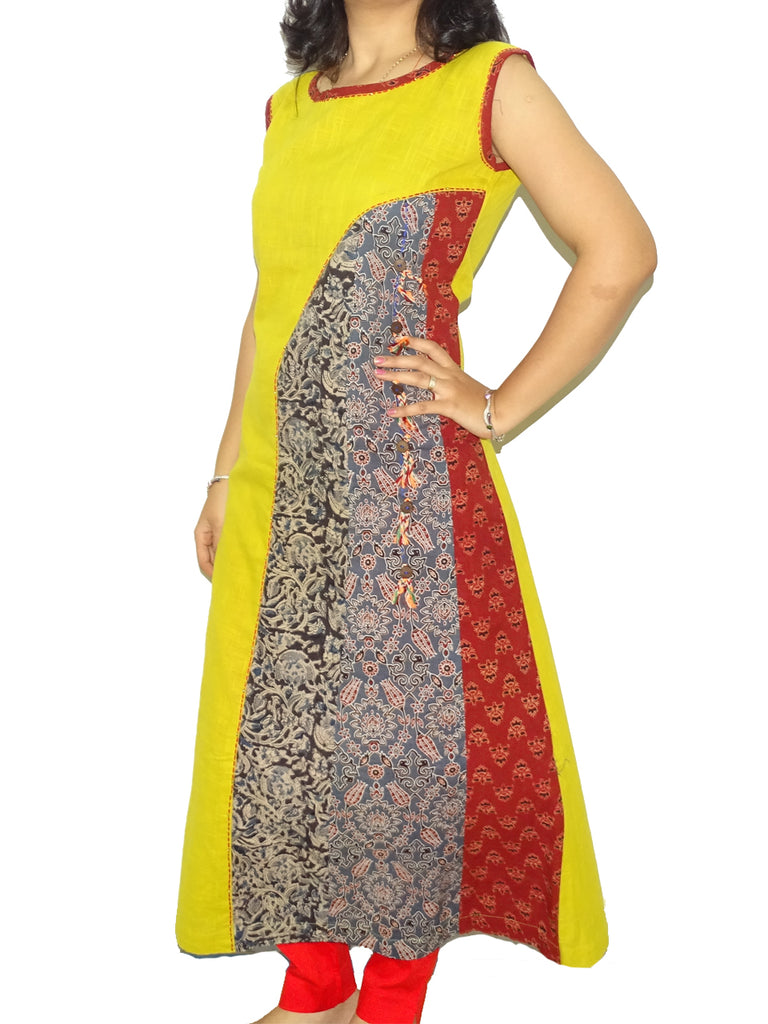 FG's Women's Kutchi Cotton Straight Sleeveless Kurti, Yellow – Fashion Gully