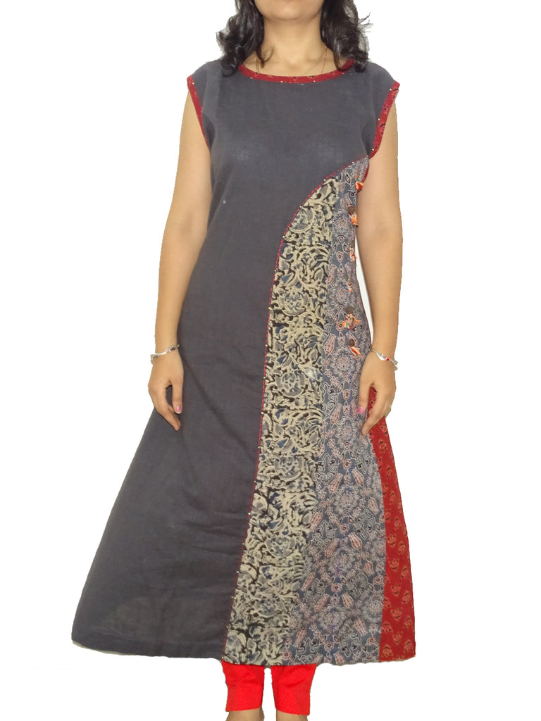 FG's Women's Kutchi Cotton Straight Kurti, Grey