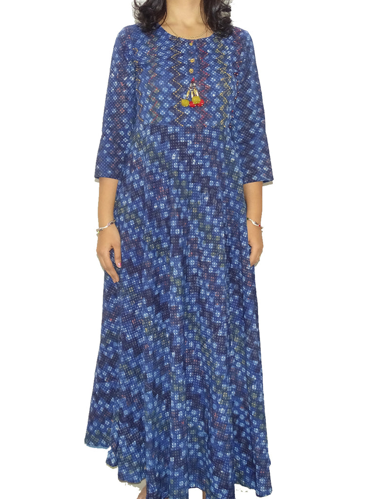 FG's Women's Kutchi Cotton Flare Kurti, Blue (FG-KUR-1009)