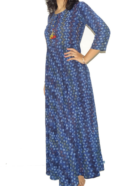 FG's Women's Kutchi Cotton Flare Kurti, Blue (FG-KUR-1009)