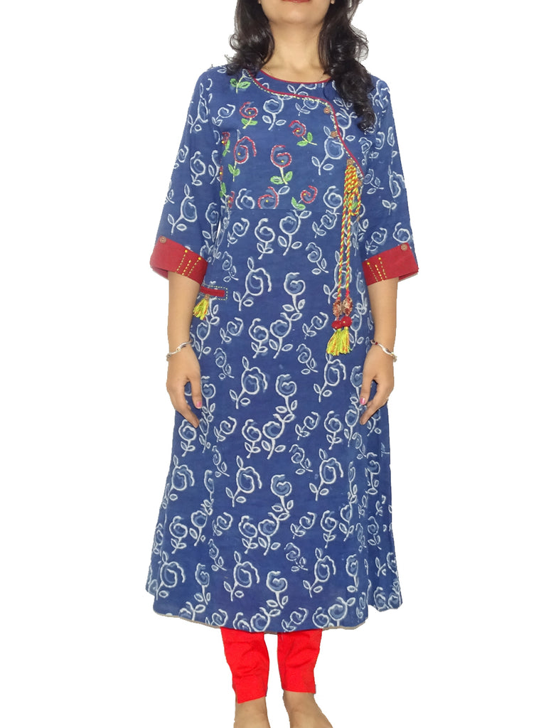 FG's Women's Kutchi Cotton Flare Kurti, Blue (FG-KUR-1011)