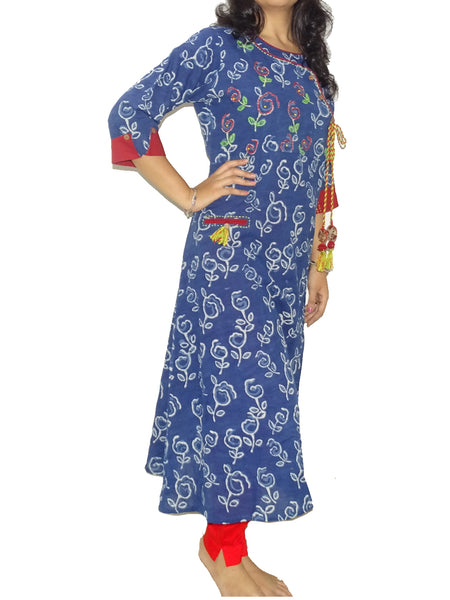 FG's Women's Kutchi Cotton Flare Kurti, Blue (FG-KUR-1011)