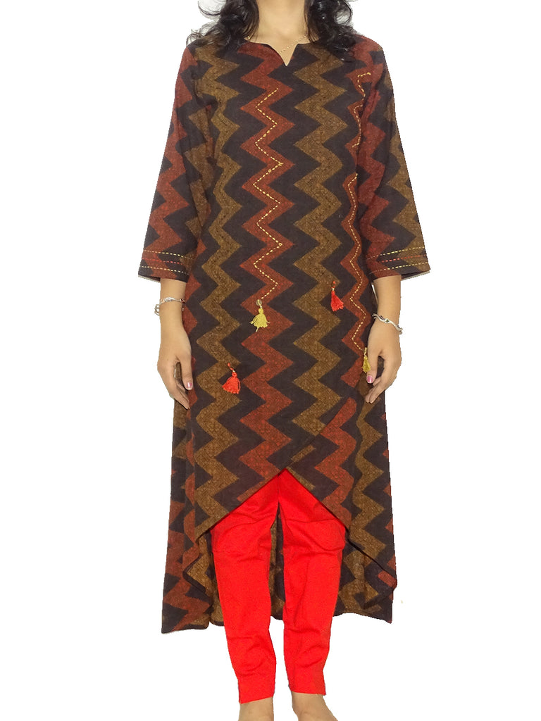 FG's Women's Kutchi Cotton Straight Kurti, Blue (FG-KUR-1010)