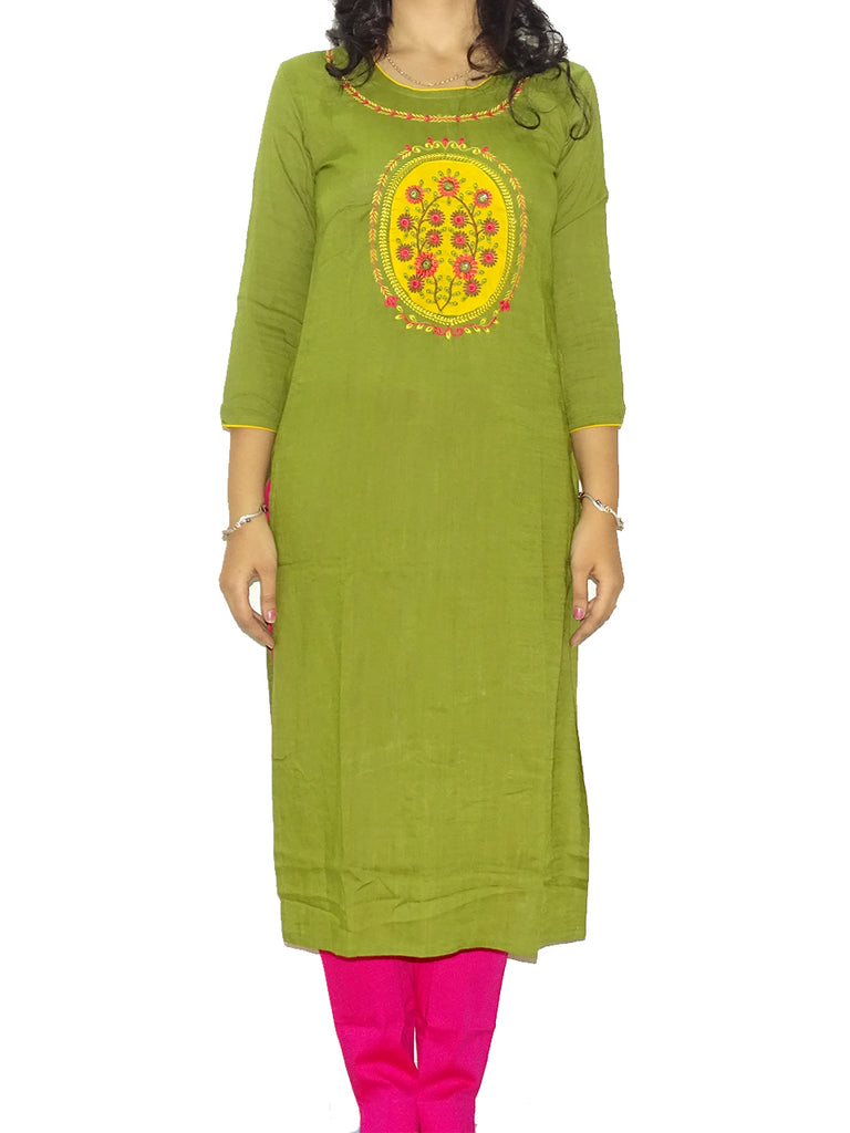 FG's Women's Kutchi Cotton Straight Kurti, Green (FG-KUR-1014)