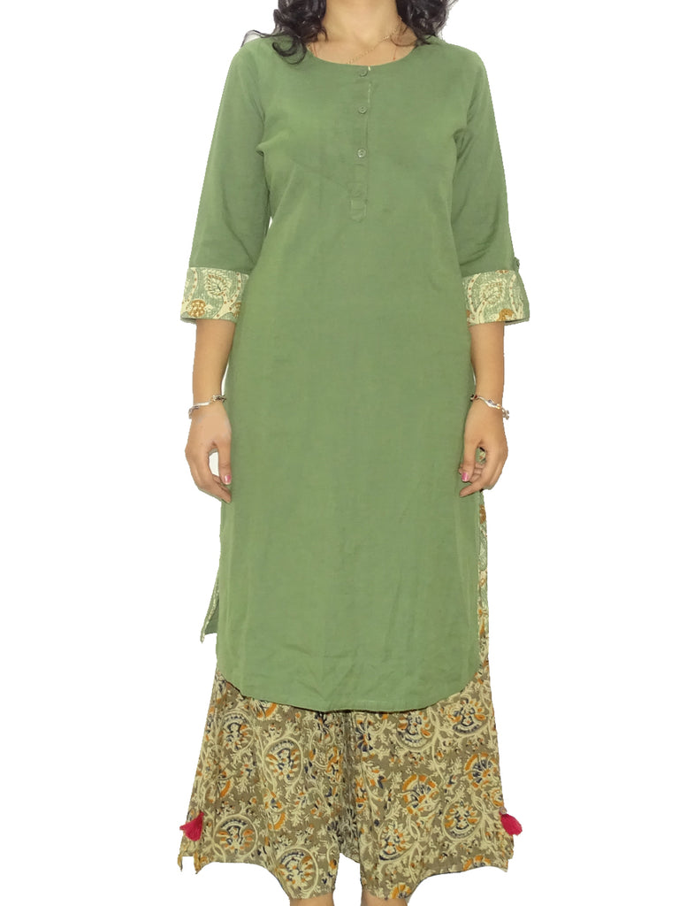 FG's Women's Kutchi Cotton Straight Kurti, Green (FG-KUR-1015)